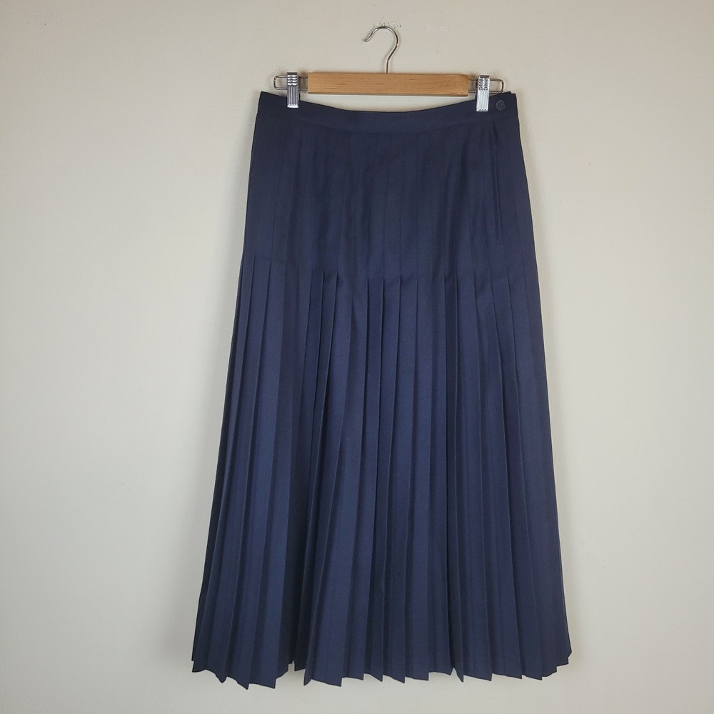 Vintage Giorgio Sant Angelo Skirt 29 Navy Blue Pleated Wool Midi Preppy Academia